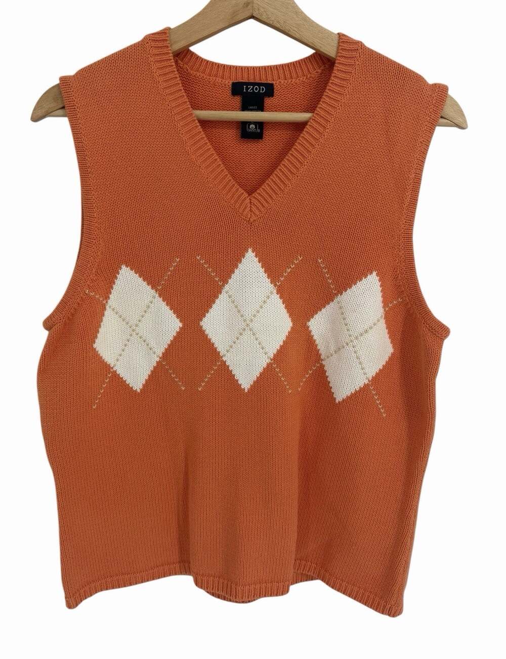 IZOD Women Knit Argyle V-Neck Sweater Vest Sleeveless Golf Women’s L Large Top
